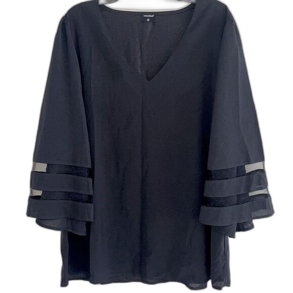 Conceited Sheer Stripes Long Bell Sleeve Top Plus Size 2X Blouse Casual V Neck - Picture 2 of 9